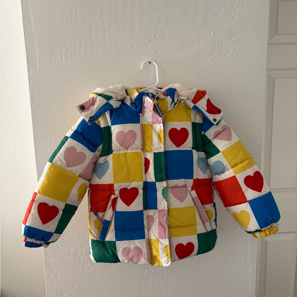 Mini Boden Red and Pink Puffer Coat Jacket with Heart Motifs
